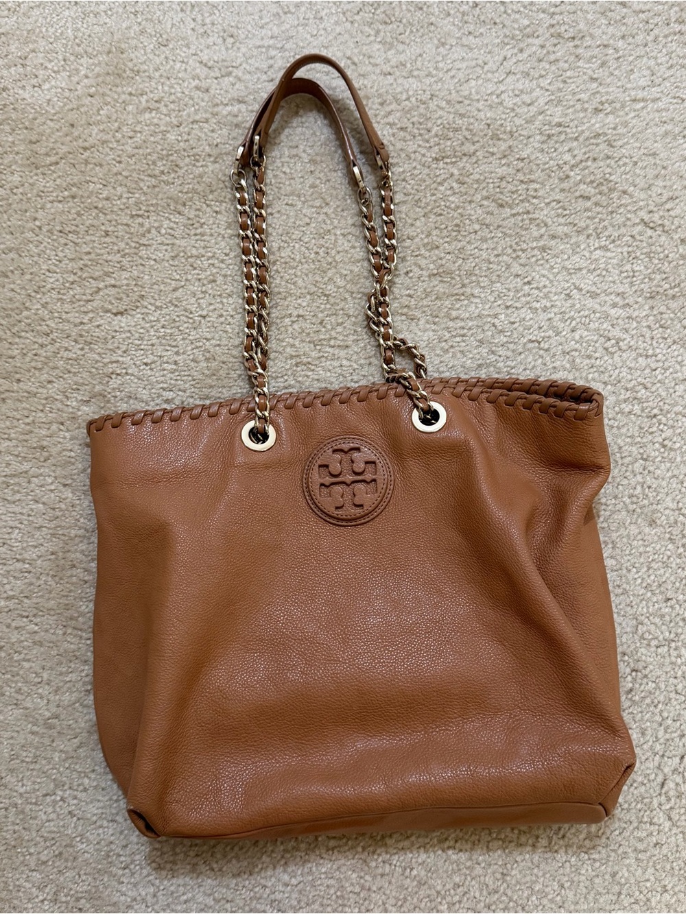 Tory Burch Marion East-West Tote Royal Tan Pebbled Leather Large Shoulder Bag